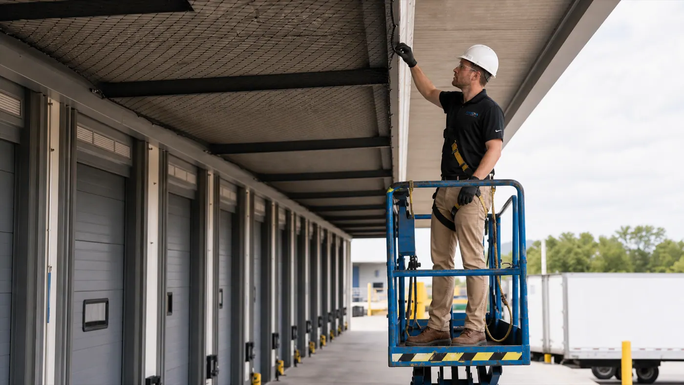 Envexa technician on a lift installing bird netting under a commercial loading dock canopy