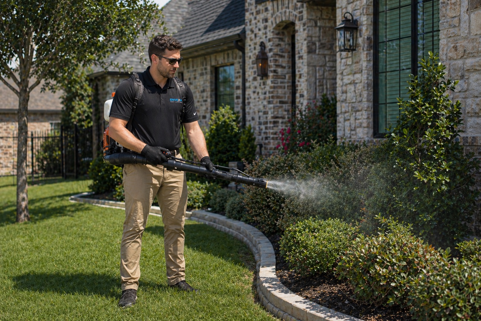 Envexa technician using a backpack mosquito sprayer around shaded landscaping in Mount Adams