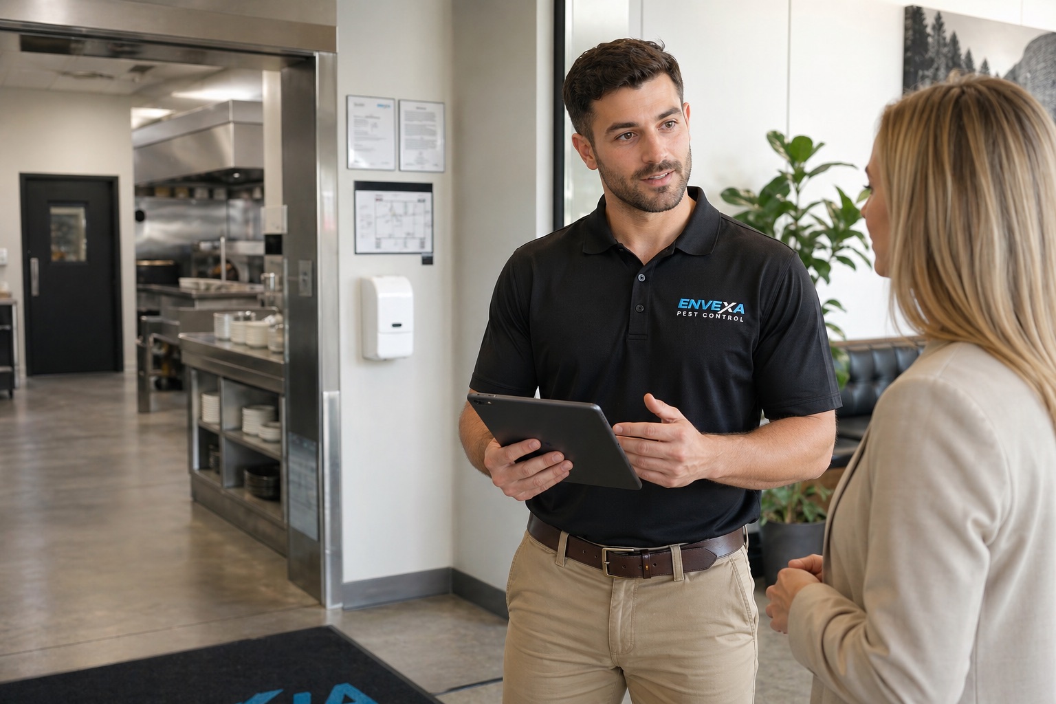 Envexa technician reviewing a commercial pest plan with a business manager