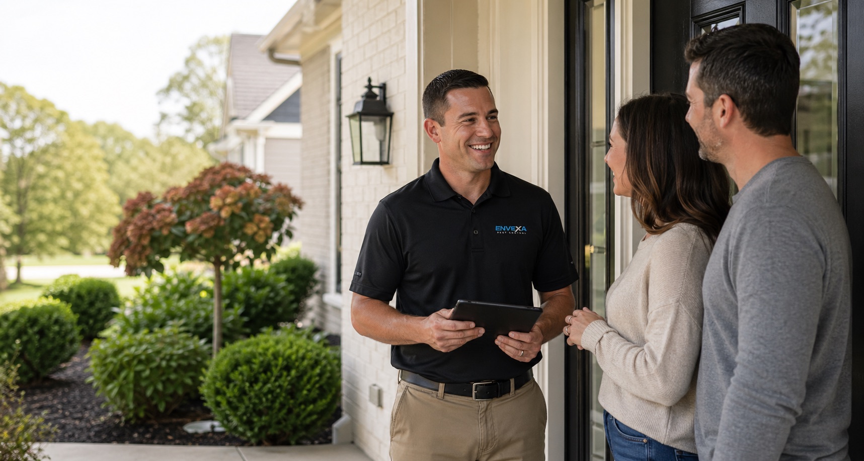 Envexa technician answering homeowner questions before pest service in Anderson Township