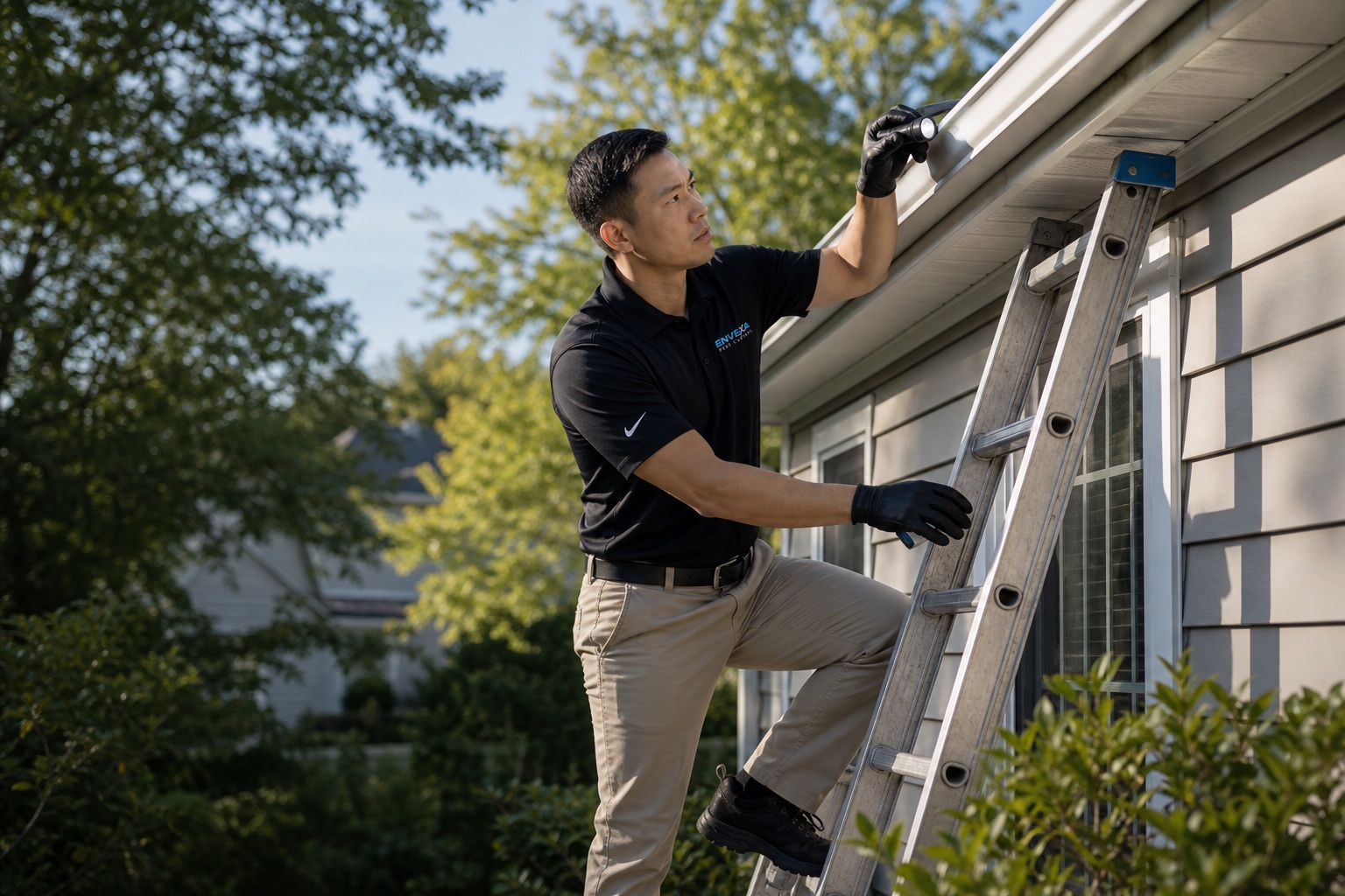 Envexa technician inspecting exterior rodent entry points at a Cincinnati home
