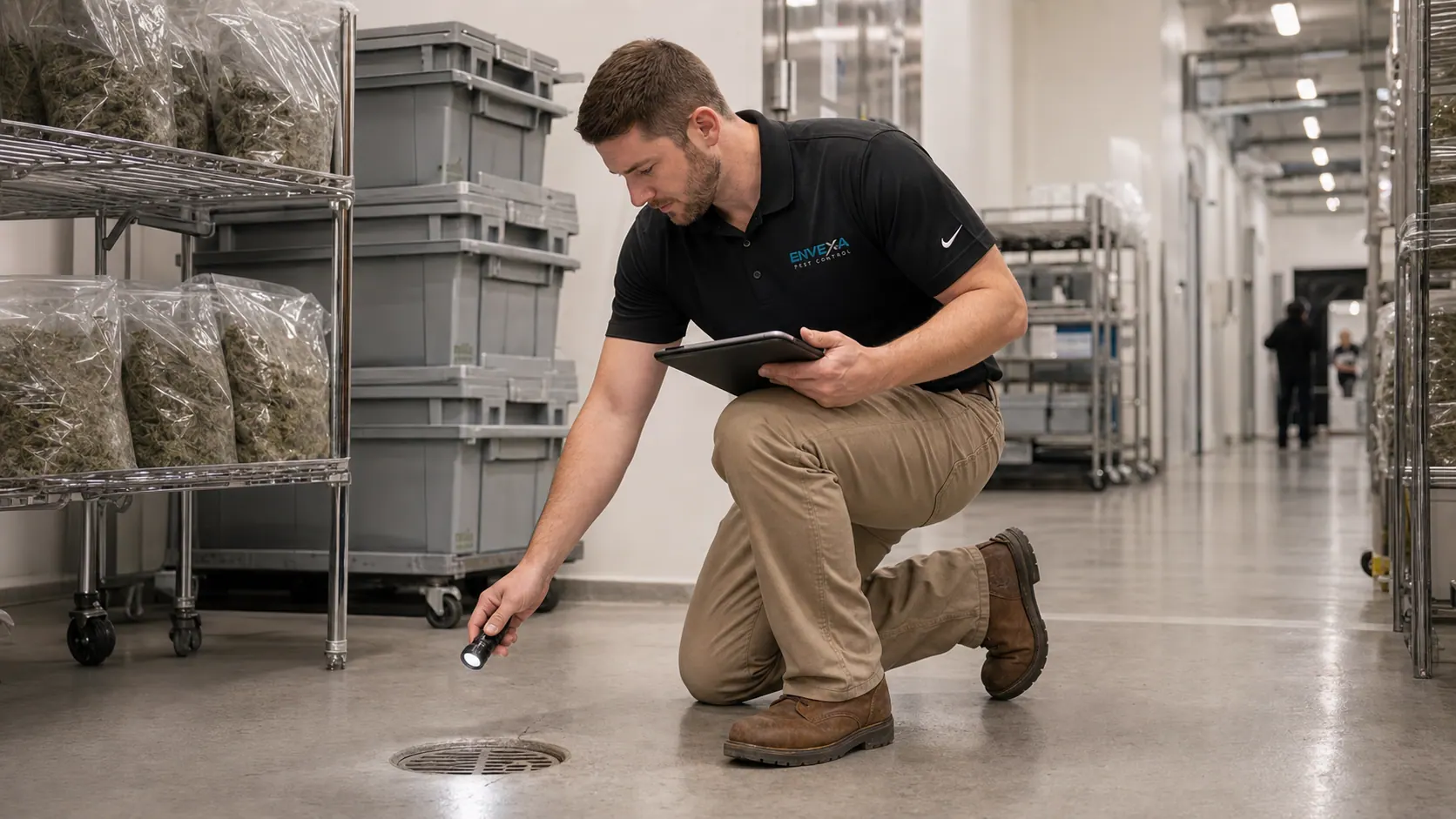Cannabis facility support corridor with drains, storage, and grow-room access
